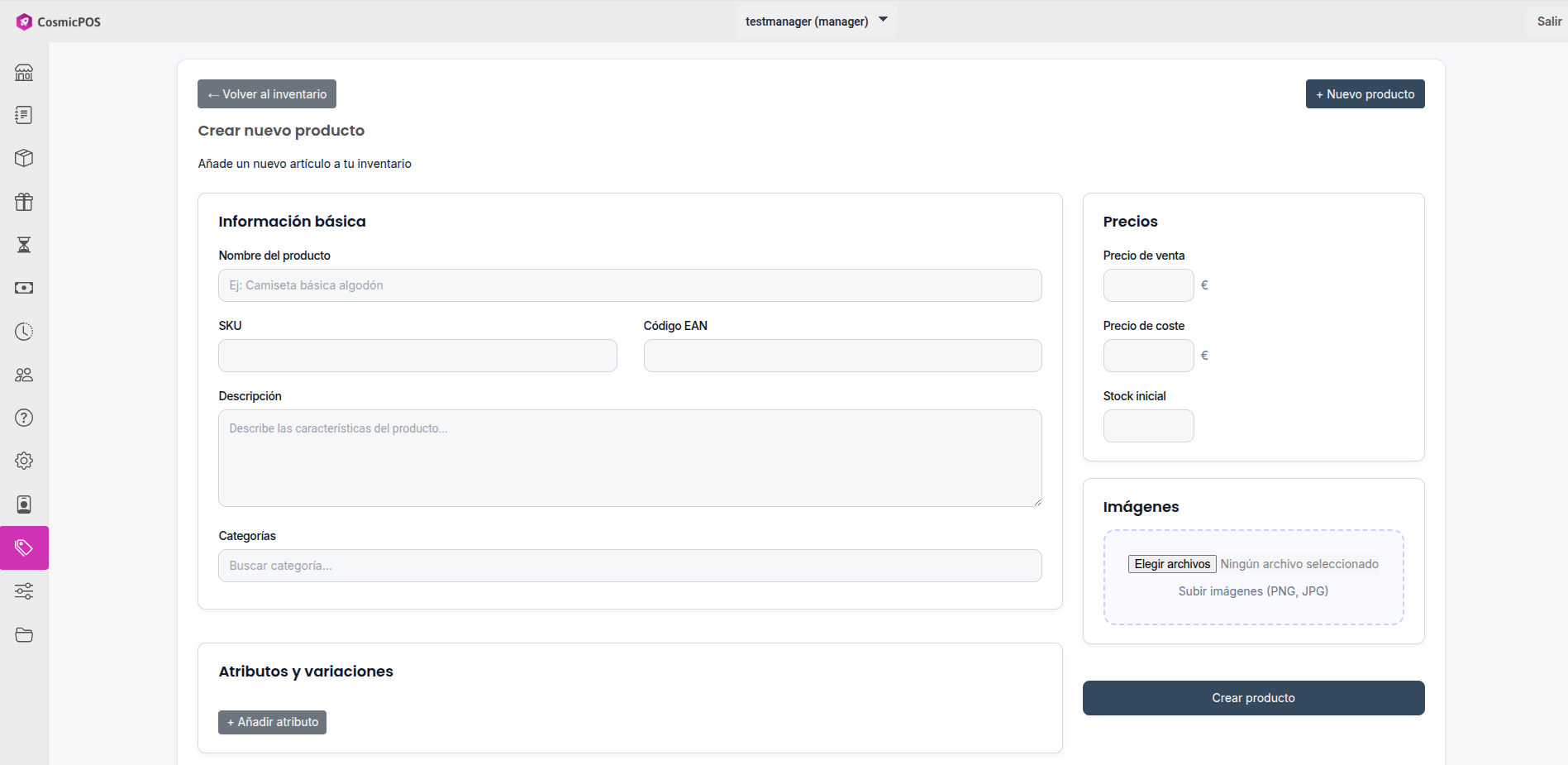Pantalla de gestión de productos del TPV CosmicPOS para tiendas y comercios